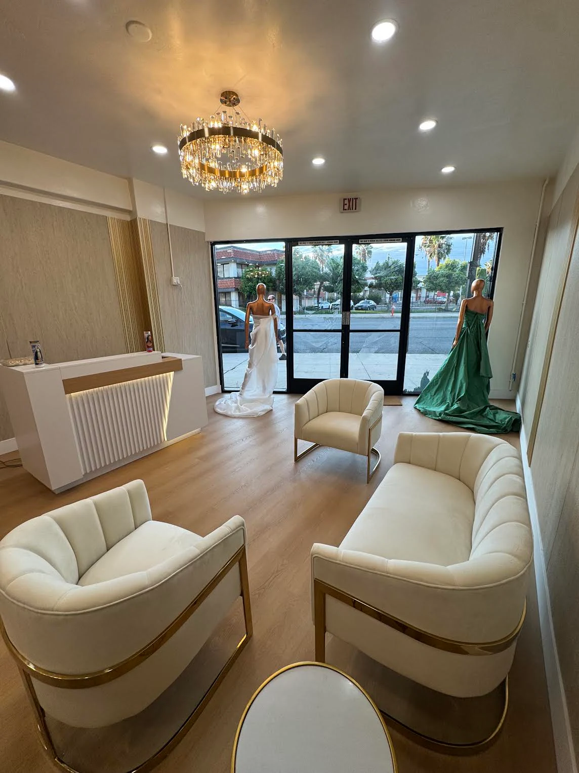 Cream and gold interior of the Burbank atelier